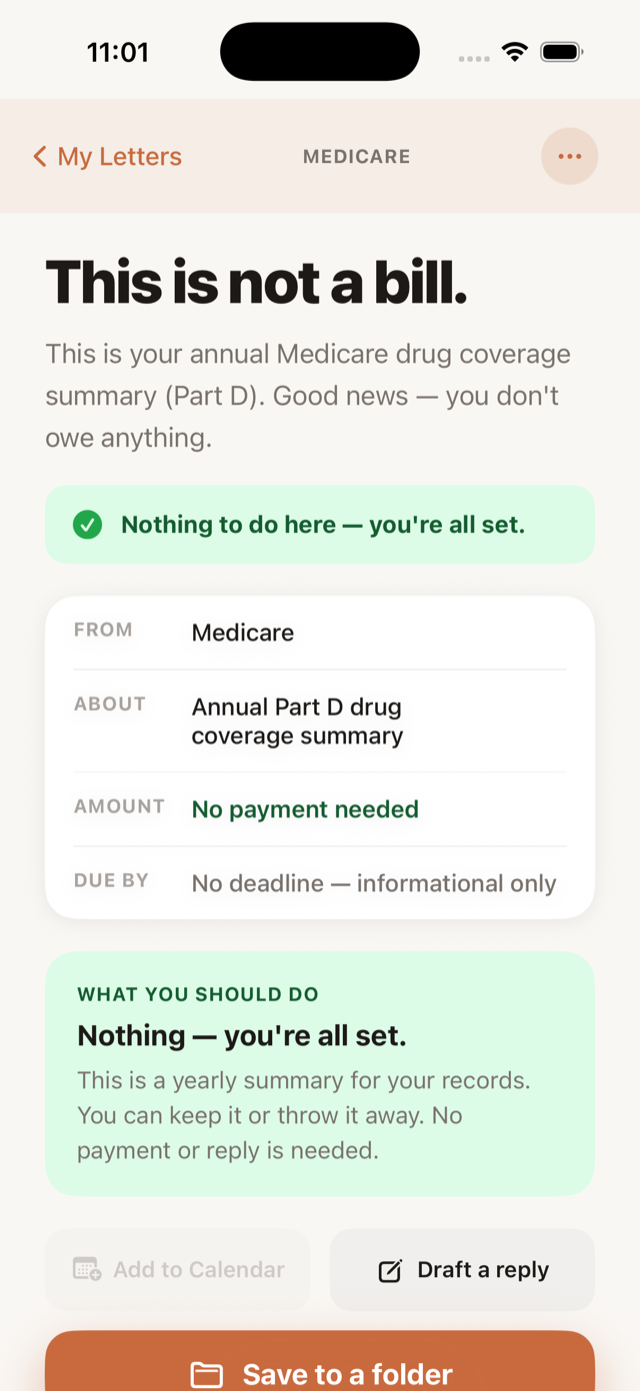 PlainlyScan explaining a Medicare letter: 'This is not a bill. Nothing to do here — you're all set.'