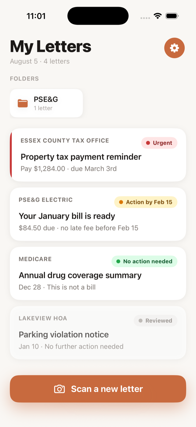 The PlainlyScan home screen with letters sorted by urgency